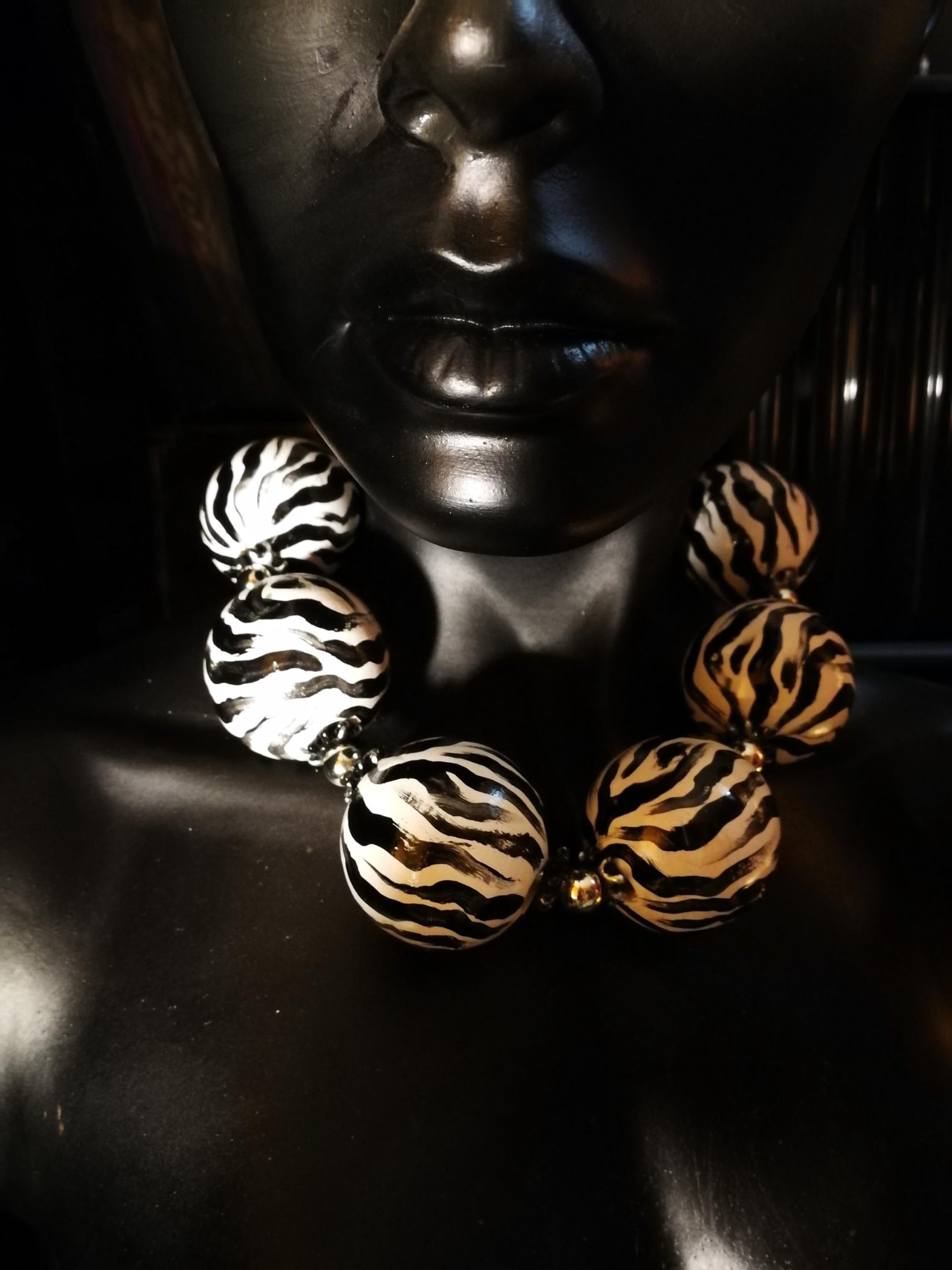 Oversize Beaded Necklace, Hand Painted Zebra Black & White Statement OOAK Couture Jewelry Sculptured Wild