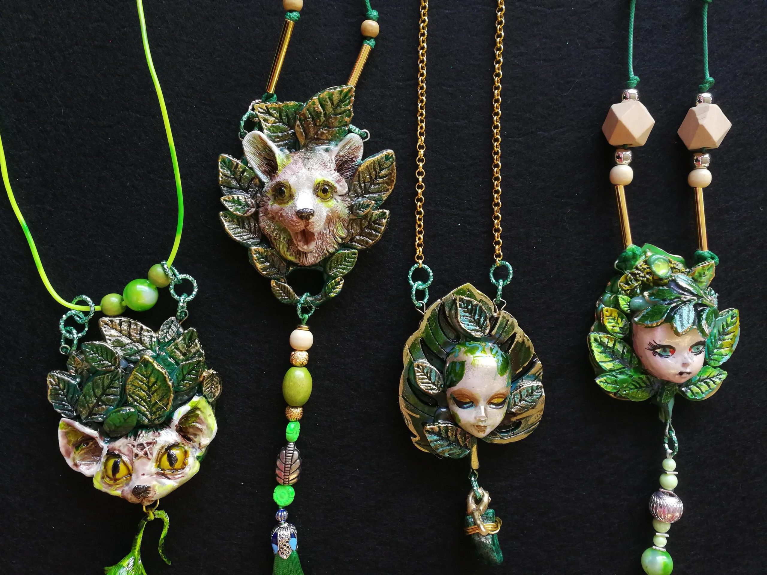 Statement Necklace - Animal Pendant Luxury Art Jewelry - Wild Cat Memorial Totem Sculptural Beaded Design