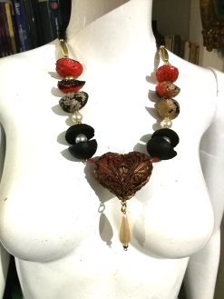 Sacred Heart, Burning Flame Ladies Jewel Chunky Natural Beaded Jewelry, Baroque Pendant Charm Collar