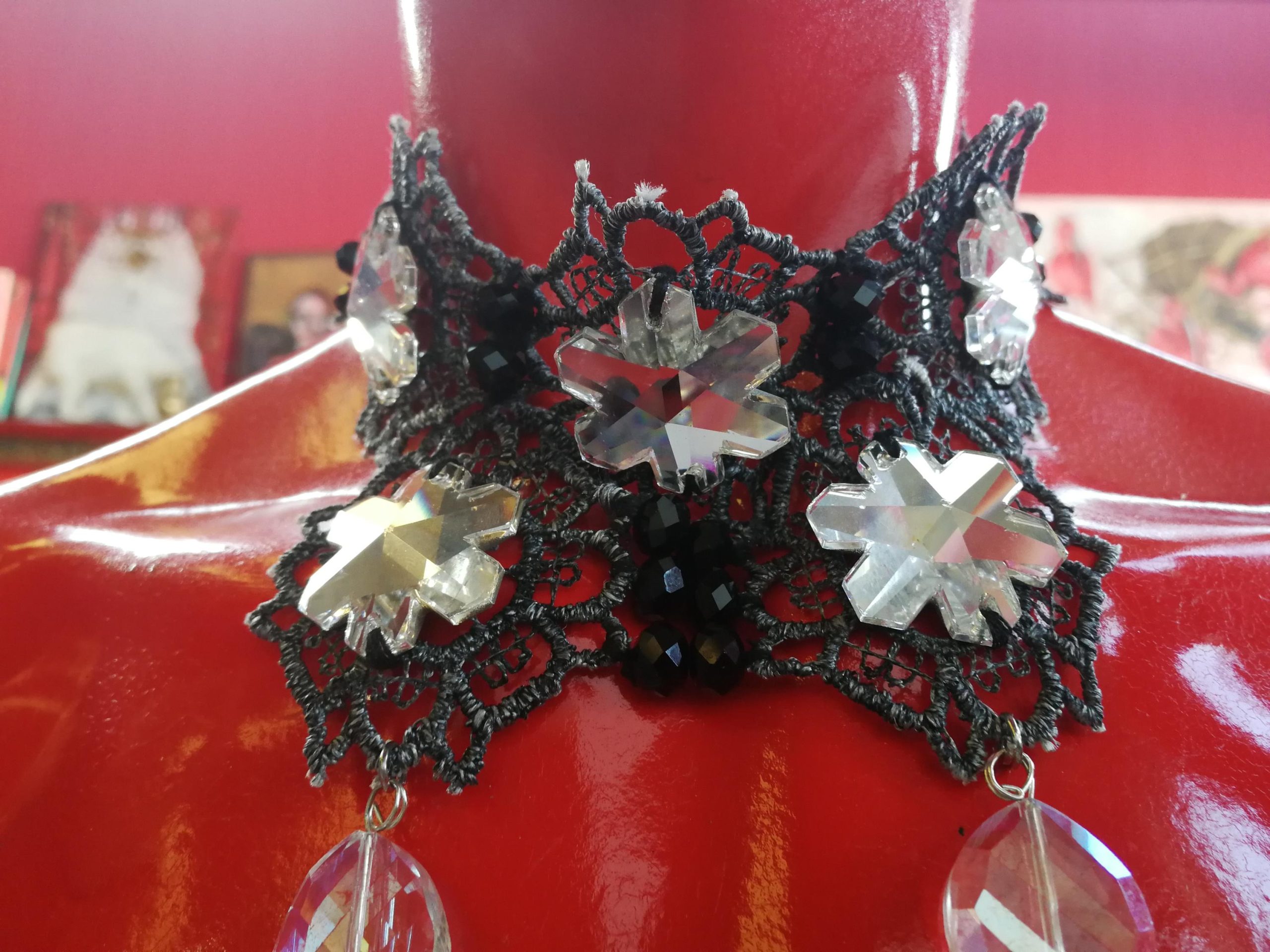 Maie Antoniette Collar, Strass Choker Jewelry, Embroidered Lace Crystal Bib, Victorian Baroque Necklace Tassel Charm