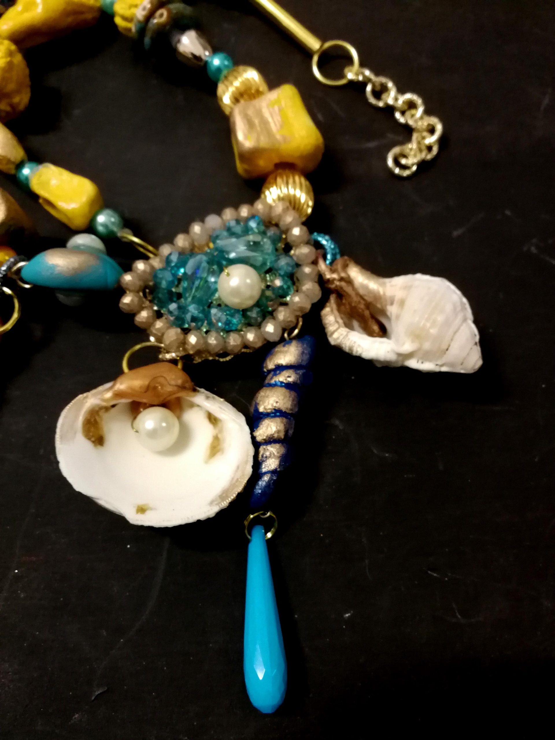 Puka Shell Necklace, Maximalist Design Luxury Statement Charm, Natural Seashell Conch Abalone & Ceramic Jewelry