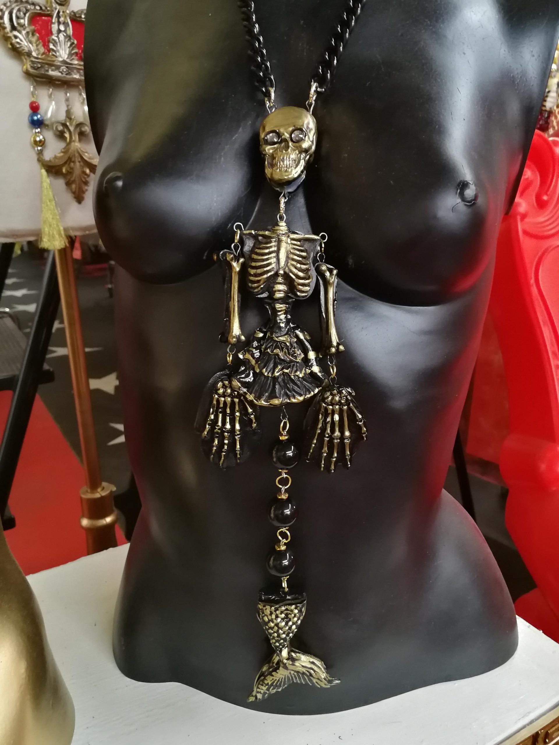 Macabre Jewelry Dark Necklace, Skull Skeleton Pendant, Gothic Punk Jewellery, Creepy Hauted Siren Mermaid