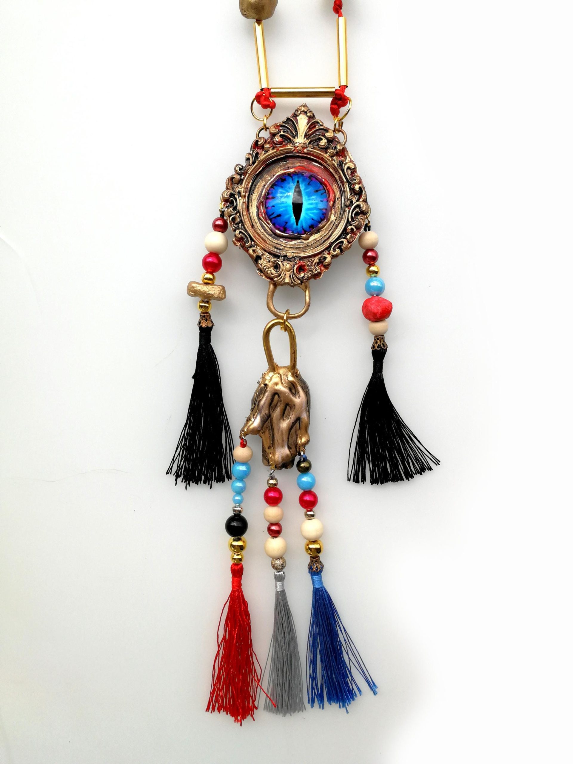 Buddha Jewelry, Statement Necklace Chunky Tribal Beaded Choker, Buddhist Pendant & Dragon Eye Sculptural Luxury