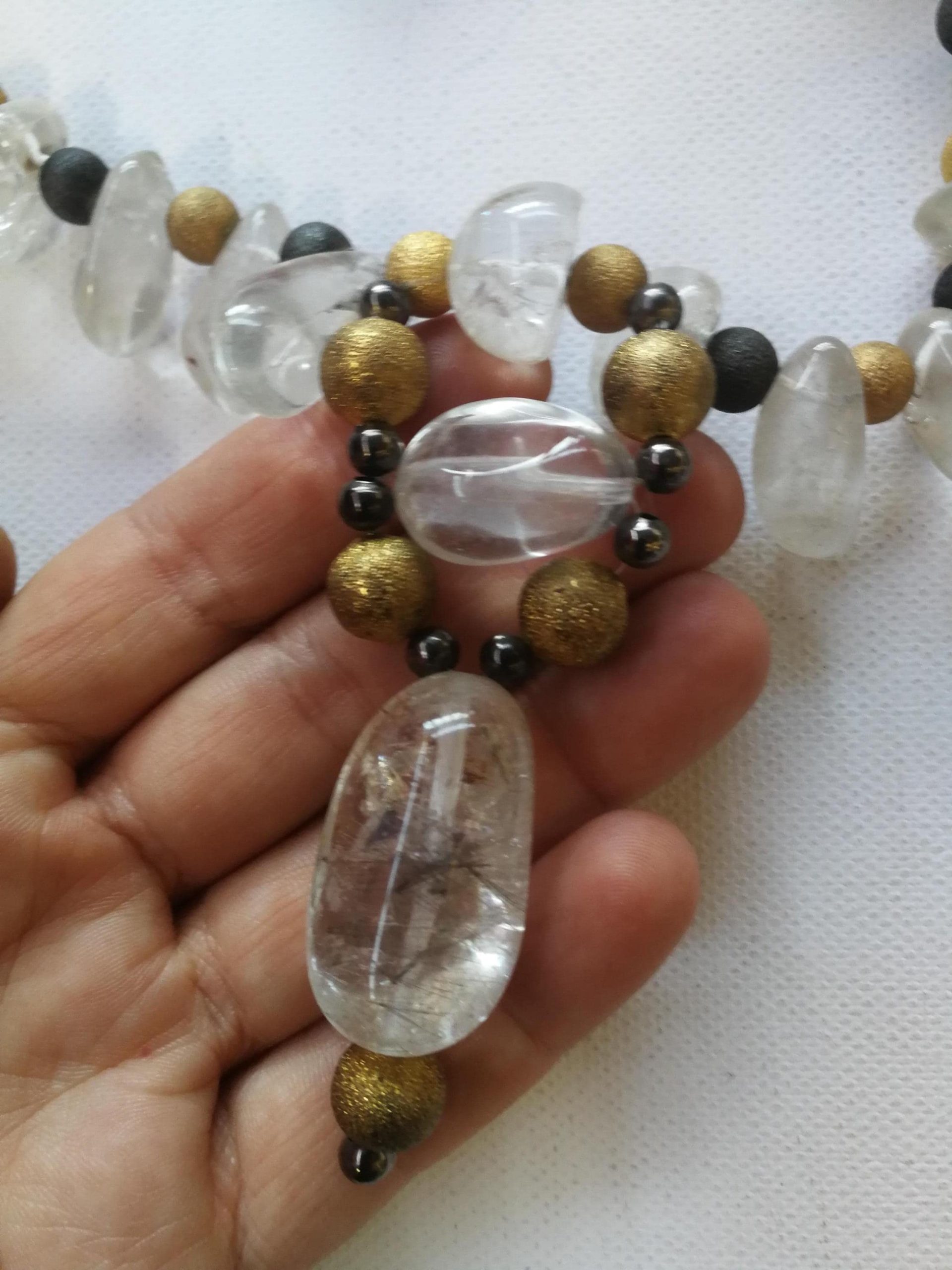 Quartz Necklace, Statement Chunky Jewelry, Clear Crystal Large Natural Stone, Gold Beaded Chain Designer