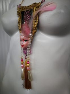 Pink Flamingo Jewelry, Exotic Bird Pendant, Doll Head Sculpture, Baroque Charm Necklace Feather & Tassel