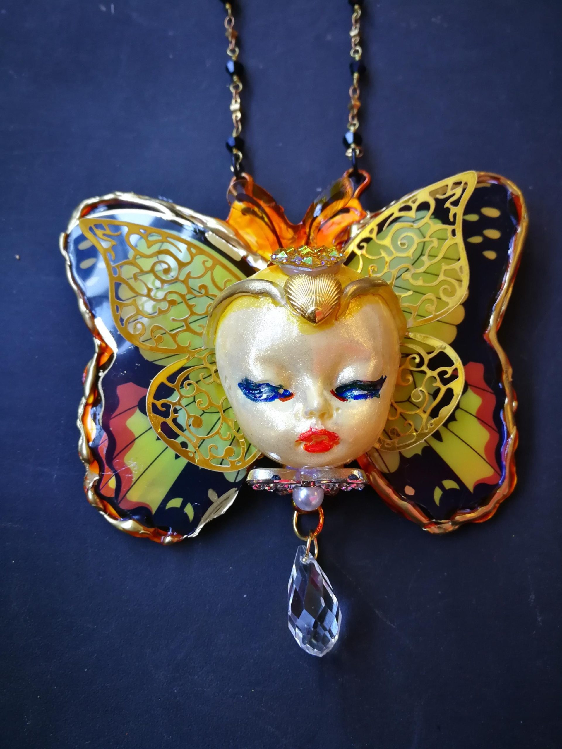 Butterfly Necklace, Doll Head Pendant Statement Jewelry, Sculptural Liberty Belle Epoque Golden Age Charm