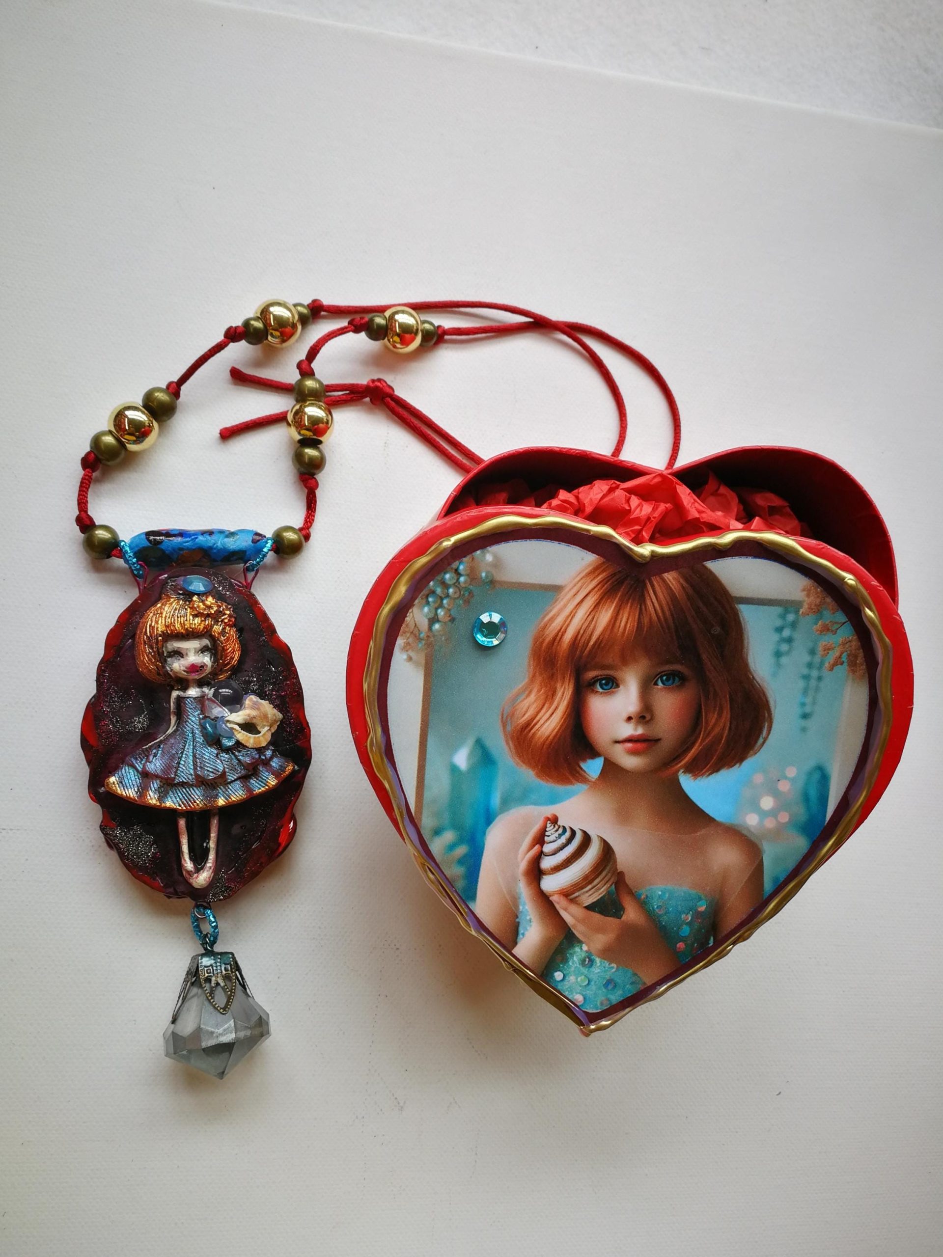 Polymer Clay Doll Pendant, Handmade Fantasy Beaded Necklace, Dolly Doom Collection OOAK Sculpture Necklace