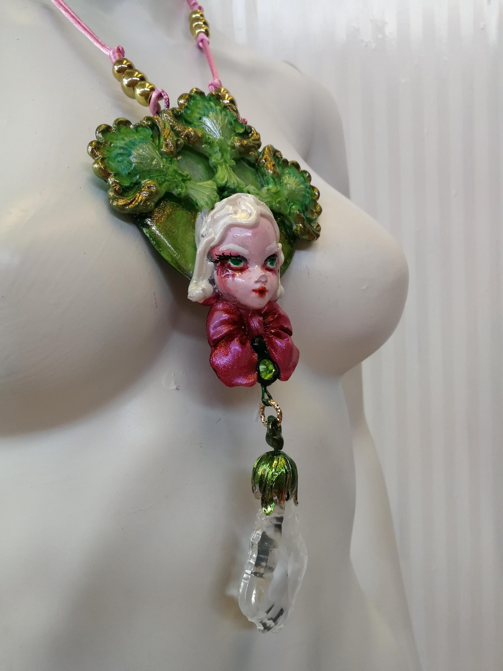Statement Jewelry, Belle Epoque Sculpture Pendant, Four Leaf Clover Necklace Bib, Flower Crystal Charm