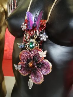 Art Nouveau Necklace, Flower Leaf Elegant Pendant, Jewelry Spider Insect, Butterfly Orchid Crystal Charm