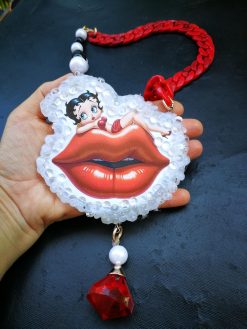 Betty Boop Figurine Whimsical Statement Necklace, OOAK Kiss & Lips Jewelry Old Hollywood Femme Fatale