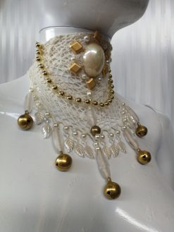 Baroque Jewelry Collar Macrame Choker, Rococo Embroidered Pearl Lace Crochet Cameo Statement Necklace Bib