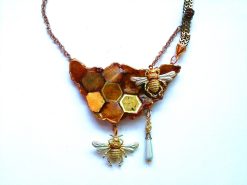 Statement Jewelry, Queen Bee Necklace Luxury Gold Bumble Honey Insect Pendant Sculptural Gemstone Charm