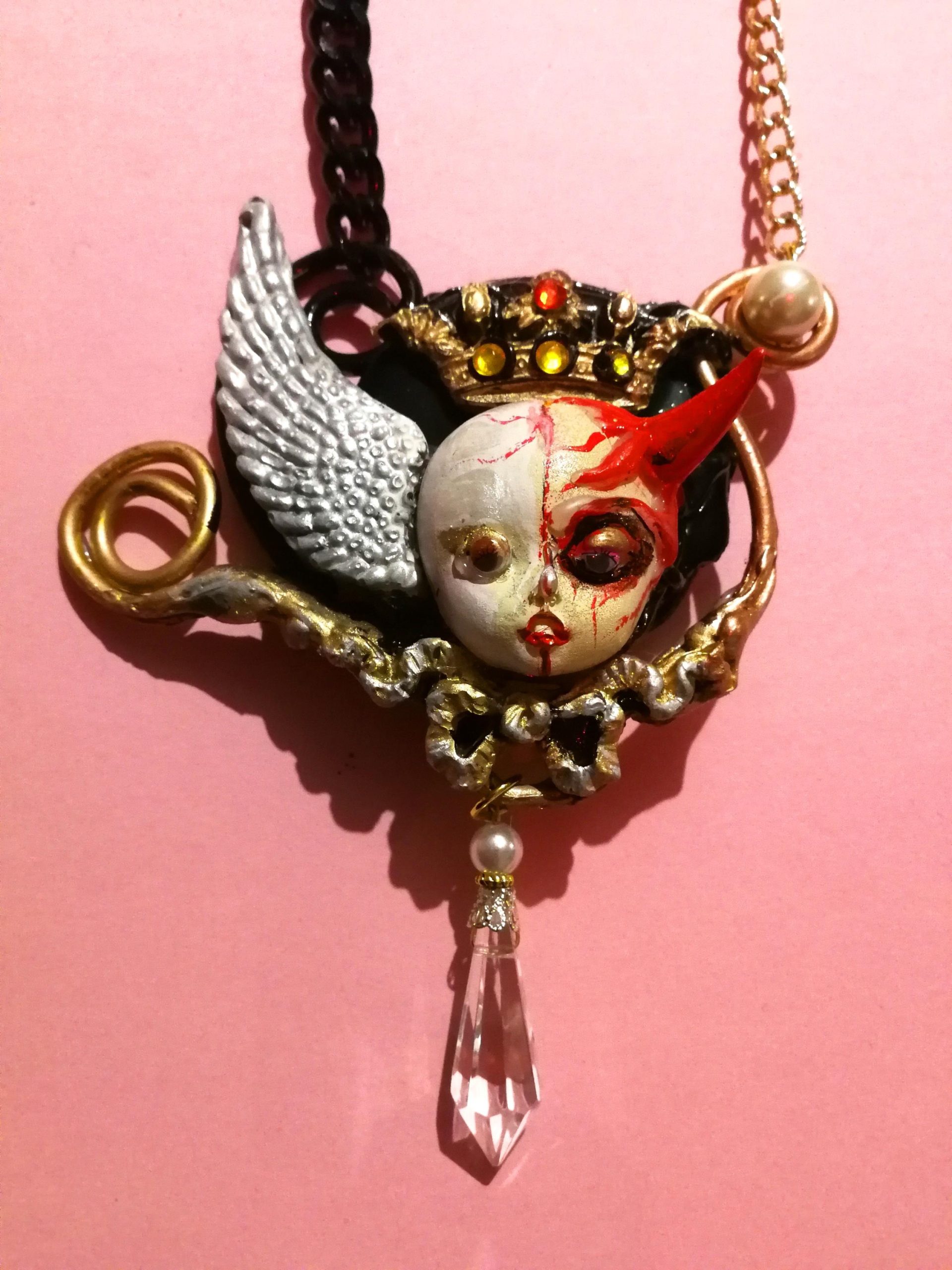 Angel and Demon Pendant, Vintage Doll Necklace, Devil Horn Jewelry, Winged Cherub Beaded Charm