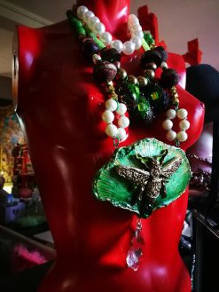 Fine Jewelry, Fan Leaf Bold Necklace, Chunky Pendant Art Nouveau Nature Pearl Crystal Charm