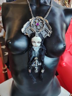 Gothic Necklace, Doll Head Sculpture Pendant, Wednesday Addams Goth Jewel Charm, Fairy Tale Jewelry