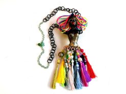 African American Doll Statement Necklace, Chunky Bold Sculpture Jewelry, Tassel Pendant Chain & Beaded Charm