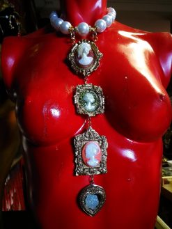 Gallery Wall Cameo Tie Necklace, Layered Pendant Statement Jewelry Antique Historical Baroque Sculptural Jewel