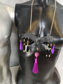 Bat Vampire Jewelry Dark Necklace, Beaded Tassel Pendant Chain, Gothic Punk Rock Jewel Charm