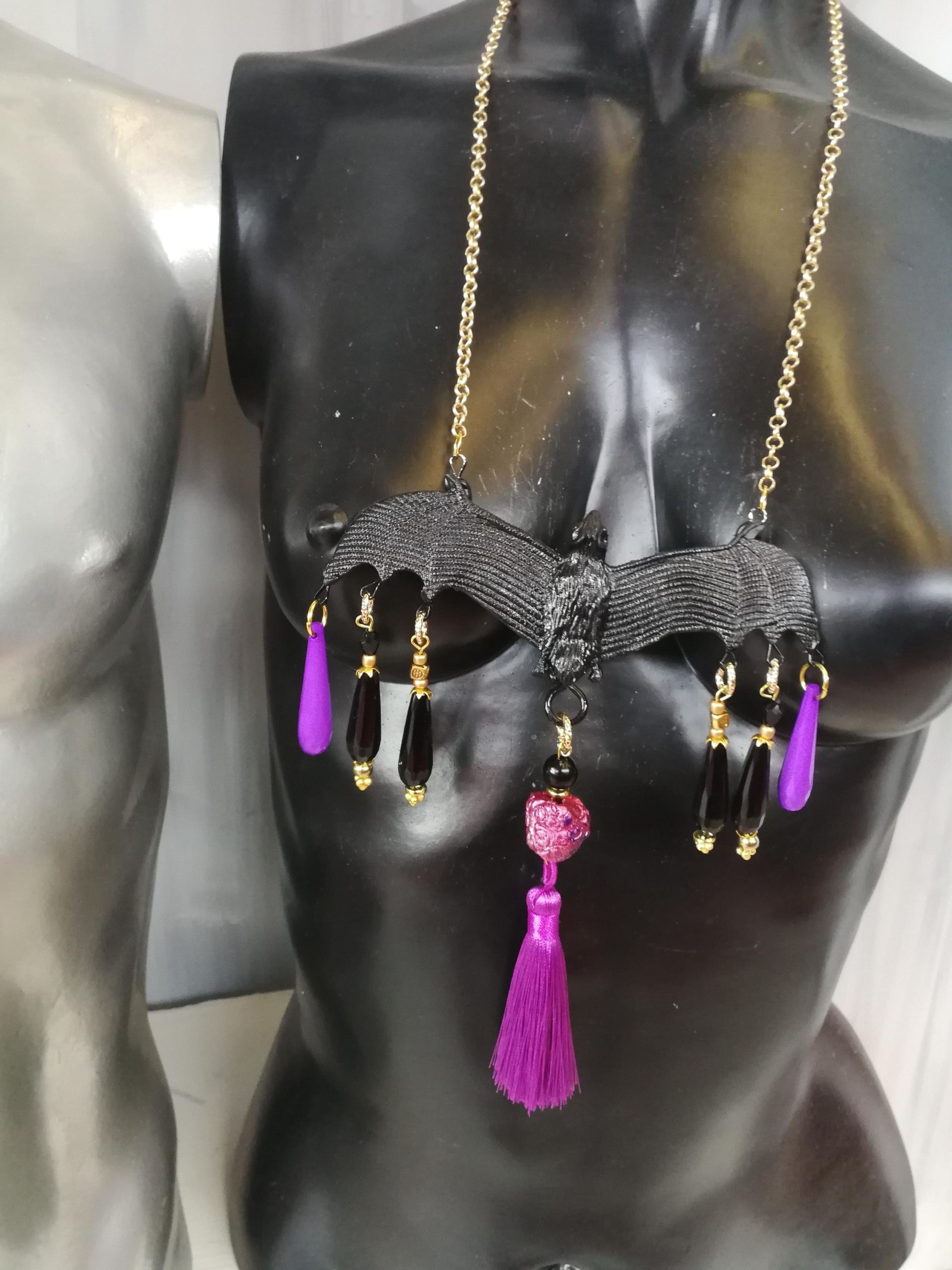 Bat Vampire Jewelry Dark Necklace, Beaded Tassel Pendant Chain, Gothic Punk Rock Jewel Charm