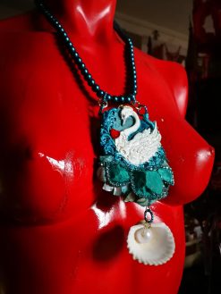 Swan Necklace, Statement Charm Pendant, Seashell Fine Jewelry Sculpture Luxury Turquoise Pearl & Raw Stone
