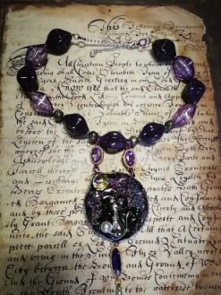 Rough Amethyst Statement Necklace Rhinestone Ball Accents Cat & Moon Chunky Pendant Design Beaded Jewelry