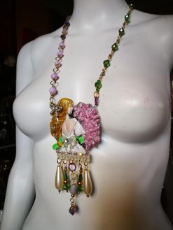 Art Nouveau Jewelry, Belle Epoque Statement Sculpture Pendant, Nature Bouquet Flower Tulips & Pearl Necklace