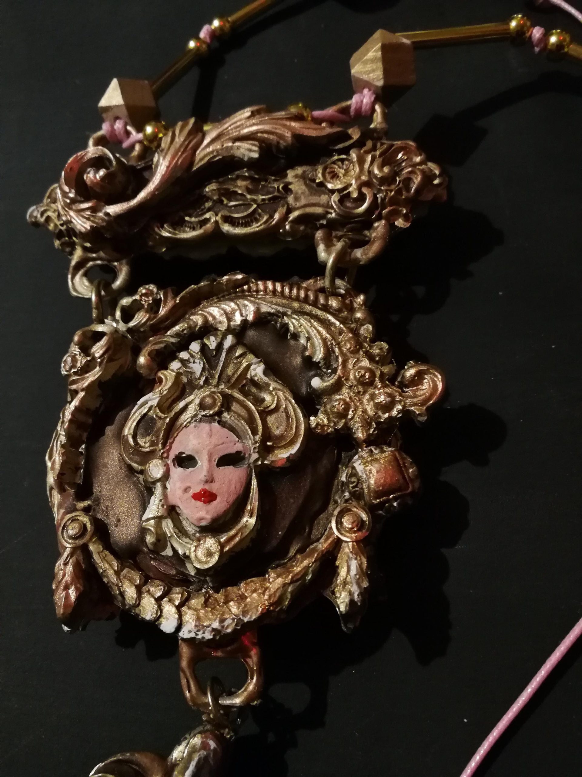 Venetian Mask Pendant, Sculptural Baroque Theatre Charm, Rococo Statement Massive Costume Jewelry OOAK Luxury