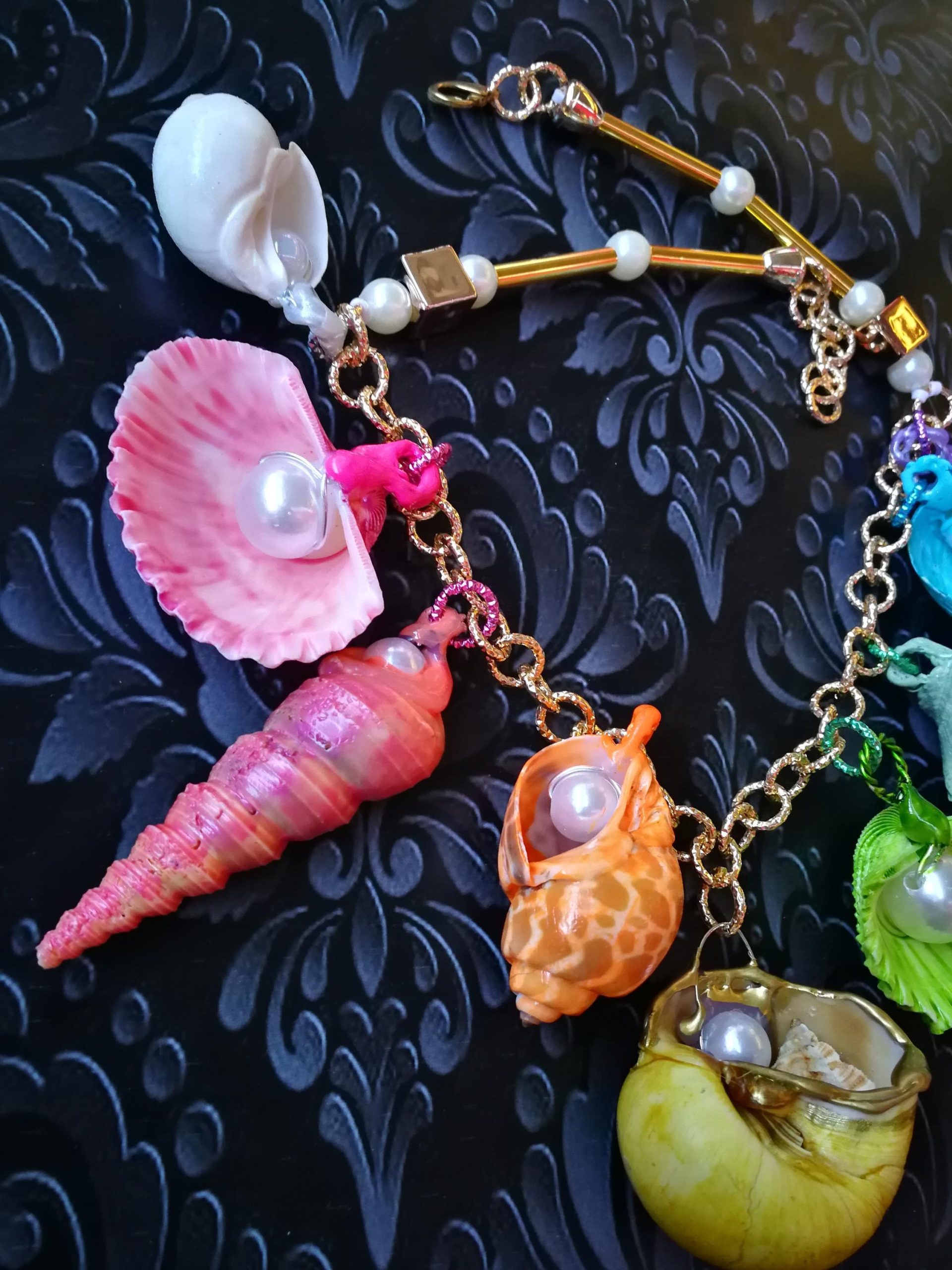 Puka Shell Necklace, Maximalist Design Handmade Painted Natural Seashell Conch Jewelry Rainbow Abalone Multicolored