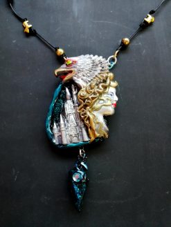 Silver Eagle Pendant, Statement Necklace Vulture Wild Bird Jewelry, Viking Castel Raw Stone Charm