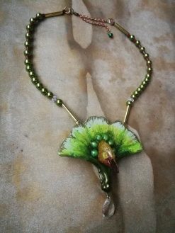 Eagle Bird Necklace, Art Deco Chunky Pendant, Statement Fan Leaf Nature Jewelry Crystal Charm