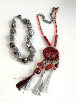 Brutalist Necklace, Chunky Snake Sculptural Pendant, Serpent Statement Jewelry Stone Beaded Chain Pyrite Gemstone