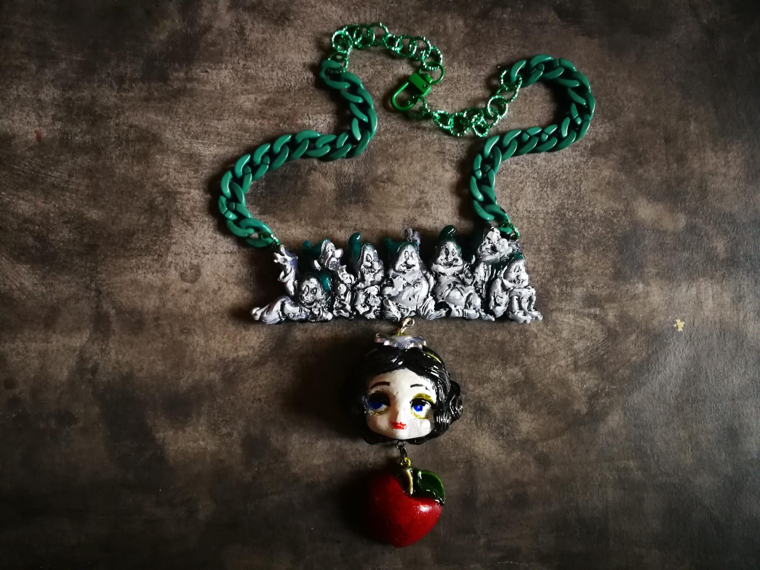 Whimsical Jewelry, Snow White & the Seven Dwarfs Necklace Manga Doll Fantasy Pendant Cartoonish Apple Charm