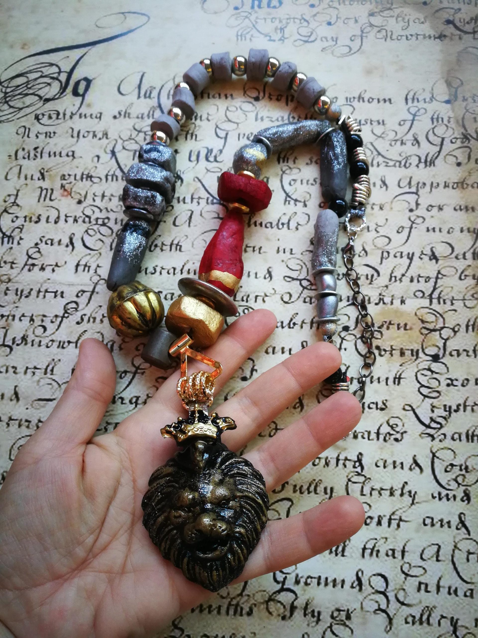 Lion Pendant, Designer Jewelry Sculptural Statement Big Bold Chunky Necklaces Golden Crown Wild Animal