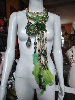 Metallic Emerald & Feathers Layers Statement Pendant, Avant Garde Sculpted Oversized Big Bold Chunky Necklaces