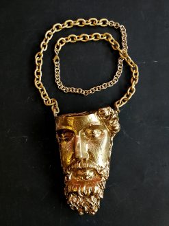 Antique Greek Statue, Head Face Portrait Sculpture Necklace, Pendant Chunky Jewelry Statement Brutalist Chain