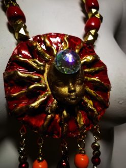 Red & Gold Sun Face Pendant Necklace, Beaded Dangles OOAK Wearable Art Statement Bold Jewelry