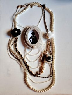 Assemblage Jewelry Vintage Cameo Silhouette, Elegant Classic Statement Pendant, Madame Coco Chain Pearl Necklace