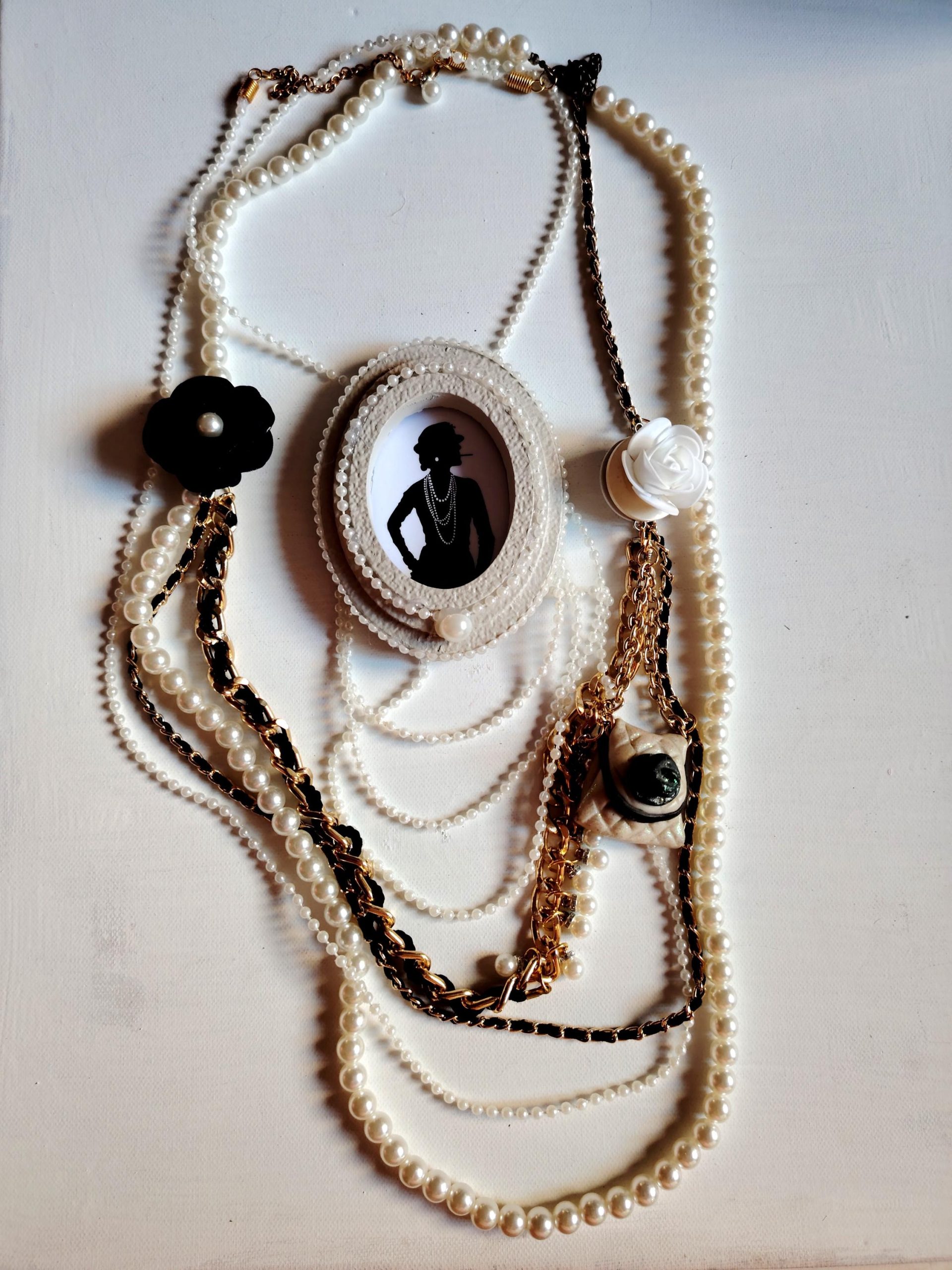 Assemblage Jewelry Vintage Cameo Silhouette, Elegant Classic Statement Pendant, Madame Coco Chain Pearl Necklace