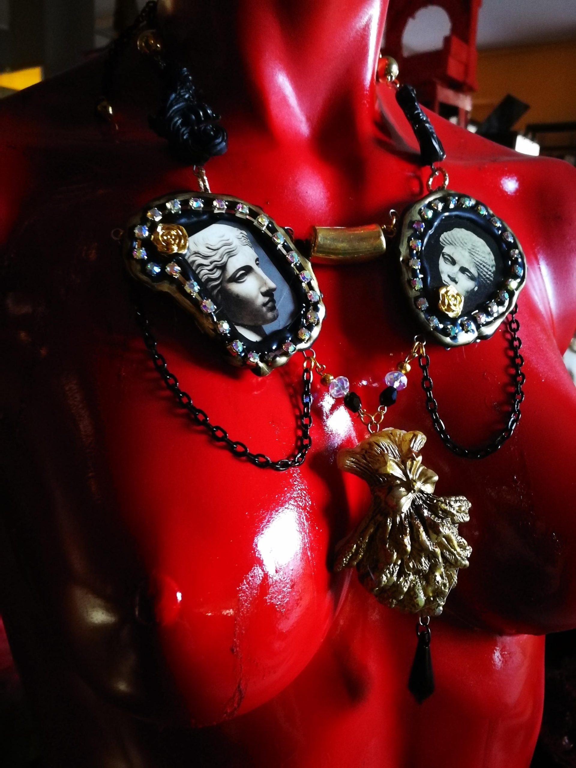 Greek Statue, Baroque Sicilian Massive Necklace, Rococo Pendant Assemblage, Luxury Jewelry Greece Antique