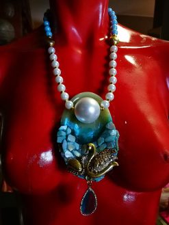 Swan Lake Rhinestone Choker Necklace, Statement Jewelry Mother of Pearl & Onyx Stone Charm Pendant
