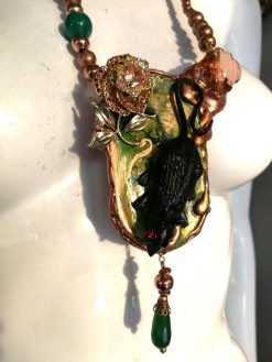 Statement Necklace, Animal Nature Pendant Collar, Liberty Jewelry Collier Copper Crystal, Mouse Pearl Gemtones