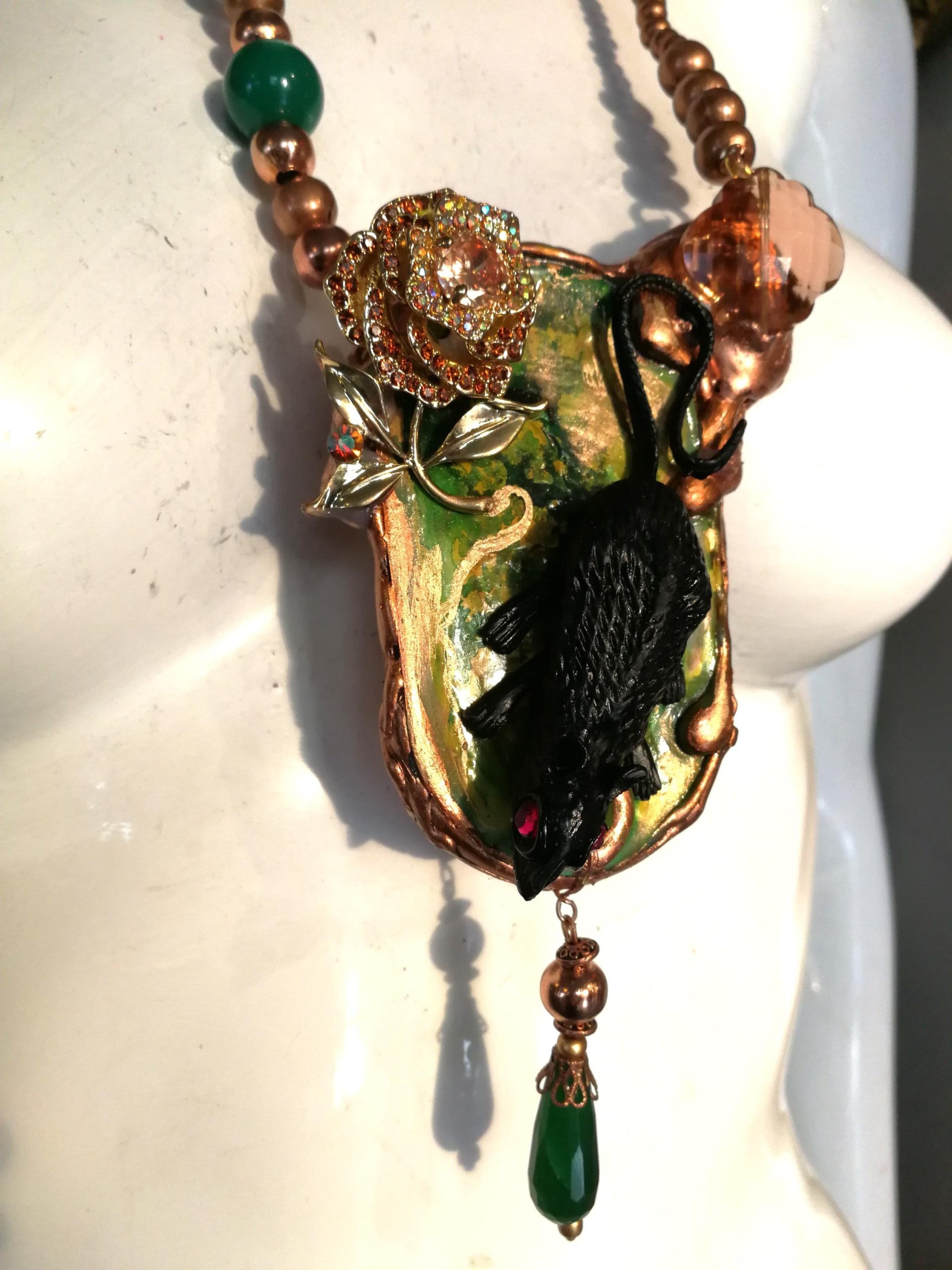 Statement Necklace, Animal Nature Pendant Collar, Liberty Jewelry Collier Copper Crystal, Mouse Pearl Gemtones