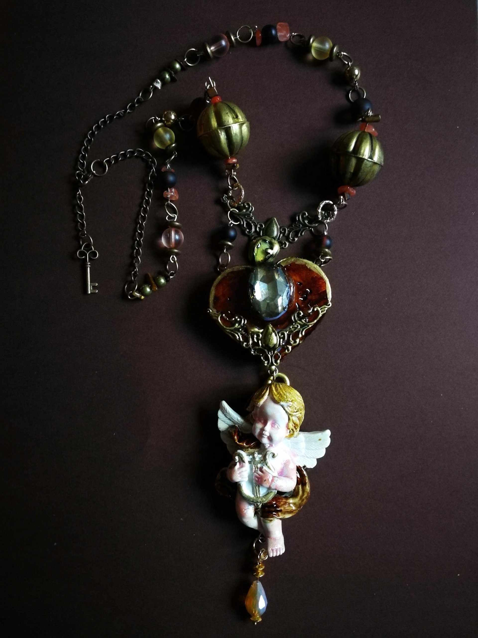 Vintage Jewelry Baroque Jewellery, Music Making Angel Winged Archangel Pendant, Rococo Necklace Antique Cherubim
