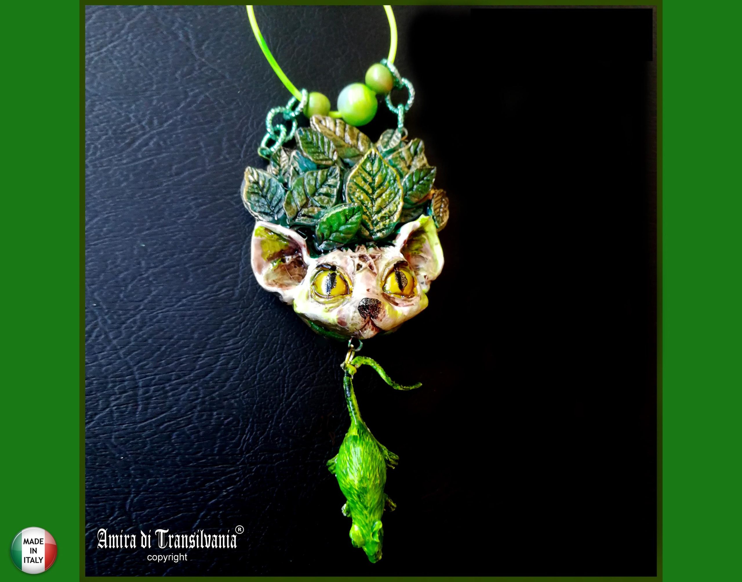 Statement Necklace - Animal Pendant Luxury Art Jewelry - Wild Cat Memorial Totem Sculptural Beaded Design