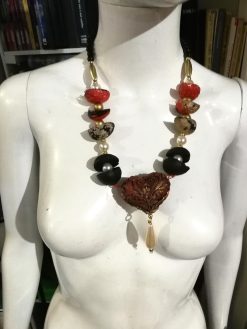 Sacred Heart, Burning Flame Ladies Jewel Chunky Natural Beaded Jewelry, Baroque Pendant Charm Collar