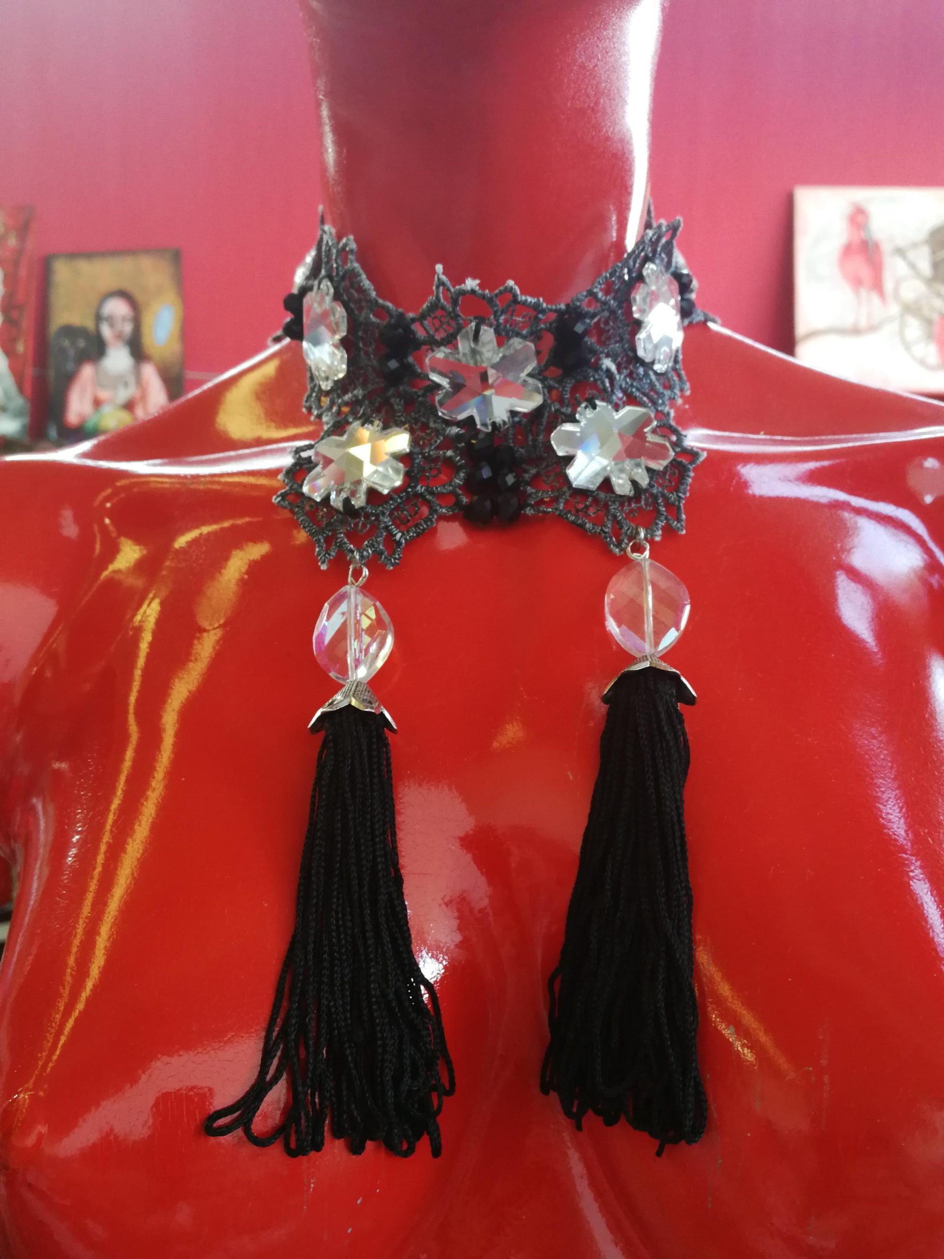 Maie Antoniette Collar, Strass Choker Jewelry, Embroidered Lace Crystal Bib, Victorian Baroque Necklace Tassel Charm