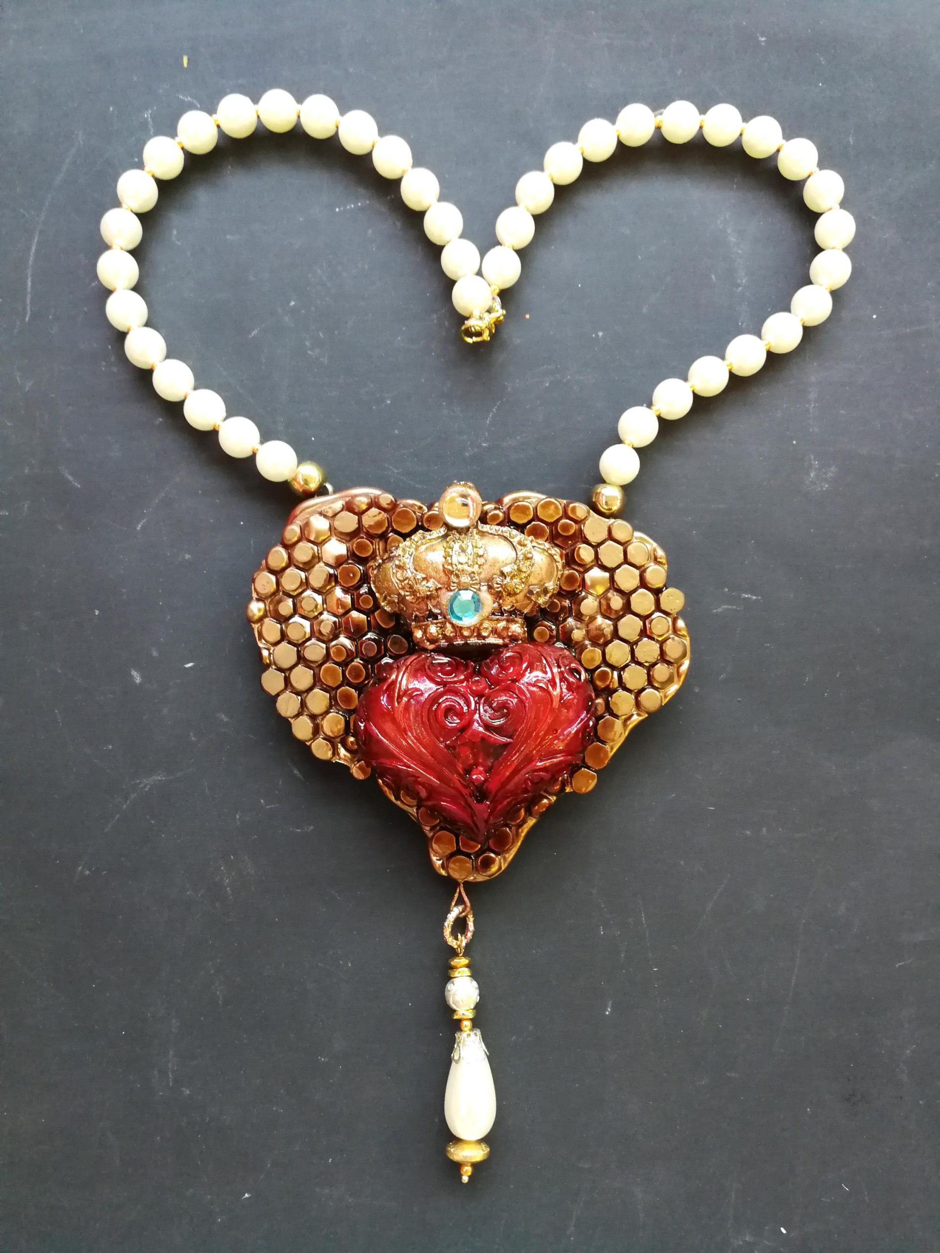 Luxury Necklace, Bee Nest Bumble Honey Pendant, Broken Heart Jewelry Charm Pearl Royal Crown