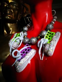 Custom Sneakers, Whimsical Statement Necklace Bling Beads Rhinestone Accents Quirky Jewelry Personalized Sport Lover