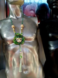 Mandragora Necklace, Statement Jewelry Doll Head Pendant, Leaves Greenery Forest Wild Plant, Mandrake Charm