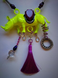 Rhinoceros Necklace, Designer Jewelry, Extravagant Pendant Animal Rhino, Whimsical Charm Beaded Oddities Locket Bib